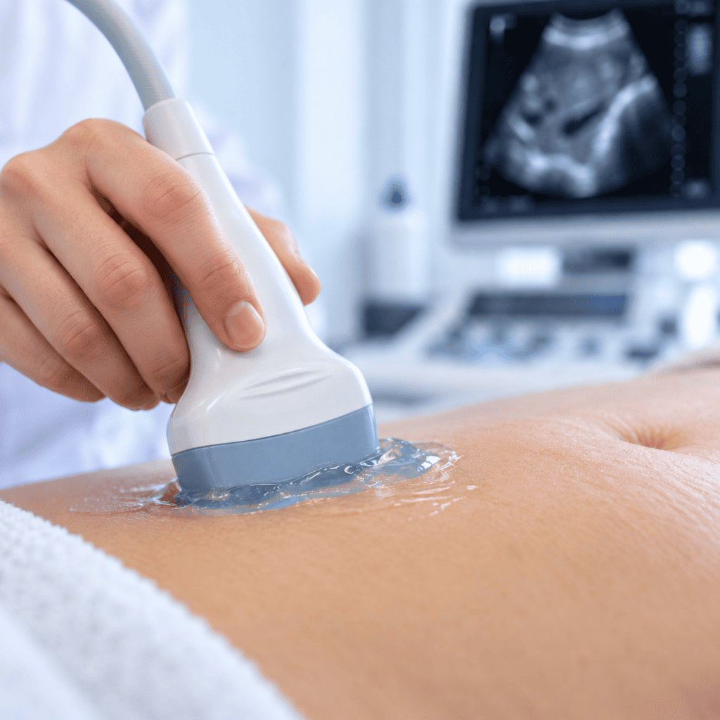 Ultraschallgel zwischen Schallkopf und Haut bei einer Ultraschalluntersuchung