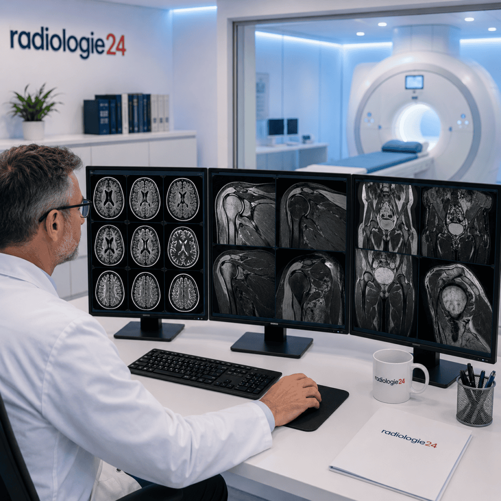 Radiologe beurteilt verschiedene MRI-Aufnahmen am Befundarbeitsplatz
