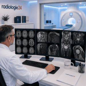 Radiologe beurteilt verschiedene MRI-Aufnahmen am Befundarbeitsplatz