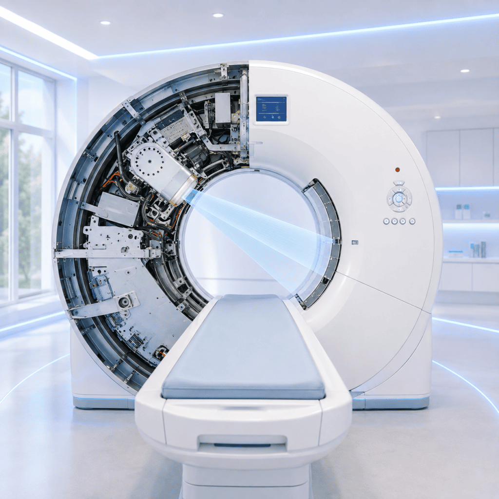 CT-Scanner mit Blick auf Röntgenröhre und technisches Innenleben