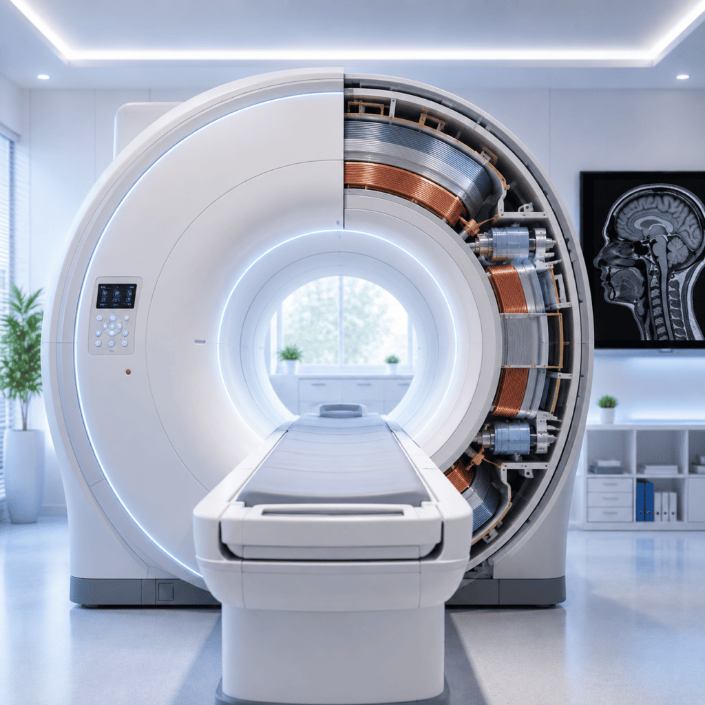 Moderner MRI-Scanner mit Darstellung des technischen Innenaufbaus