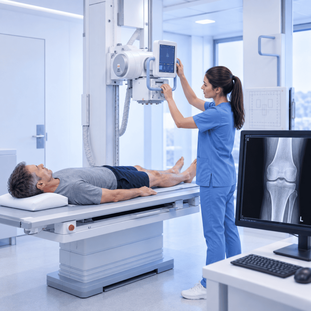 Röntgenuntersuchung mit Patient, Röntgengerät und digitalem Röntgenbild des Kniegelenks