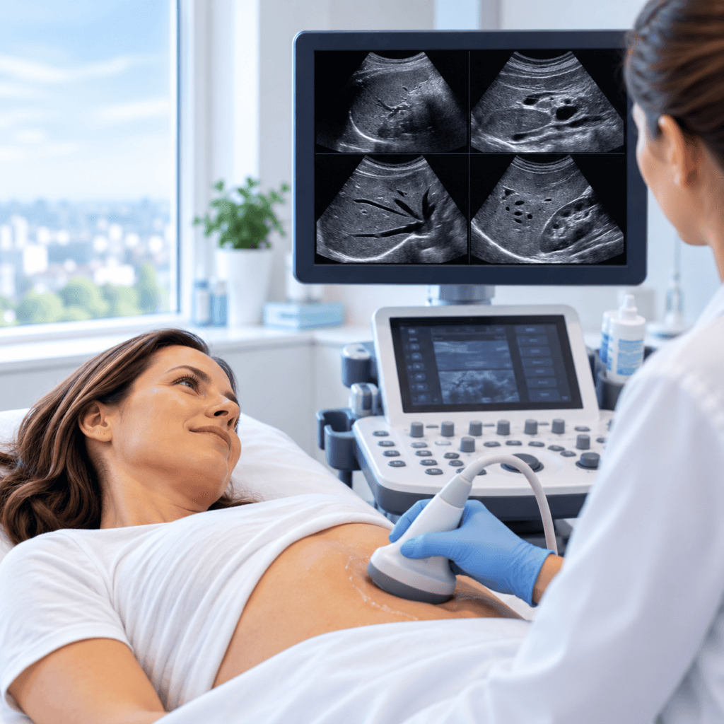 Ultraschalluntersuchung des Bauches mit Schallkopf und Ultraschallbild auf dem Monitor