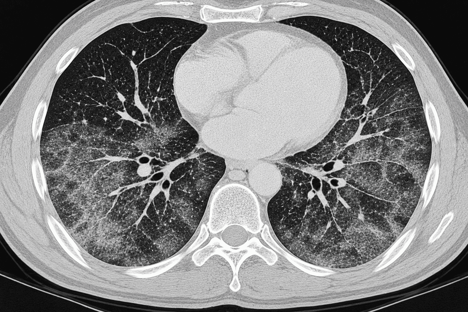 HRCT bei alveolärer Makrophagen-Pneumonie mit bilateralen Ground-Glass-Opazitäten