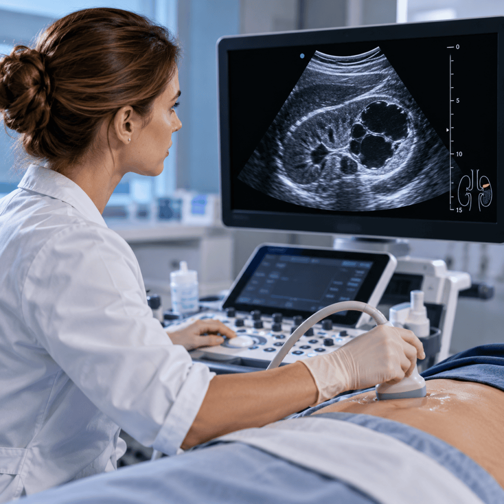 Ultraschalluntersuchung der Niere mit komplexer zystischer Nierenraumforderung