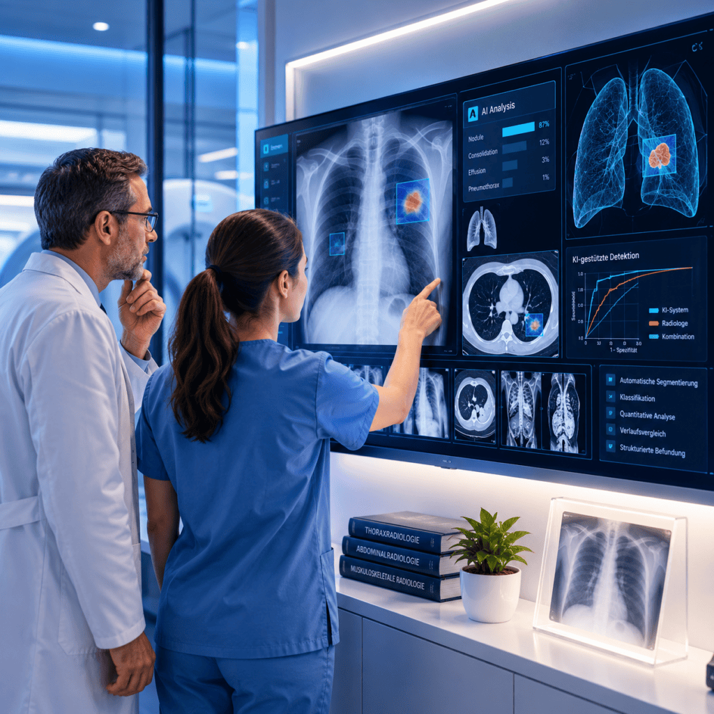 Radiologe und Radiologiefachperson beurteilen eine Thoraxaufnahme mit KI-gestützter Bildanalyse.