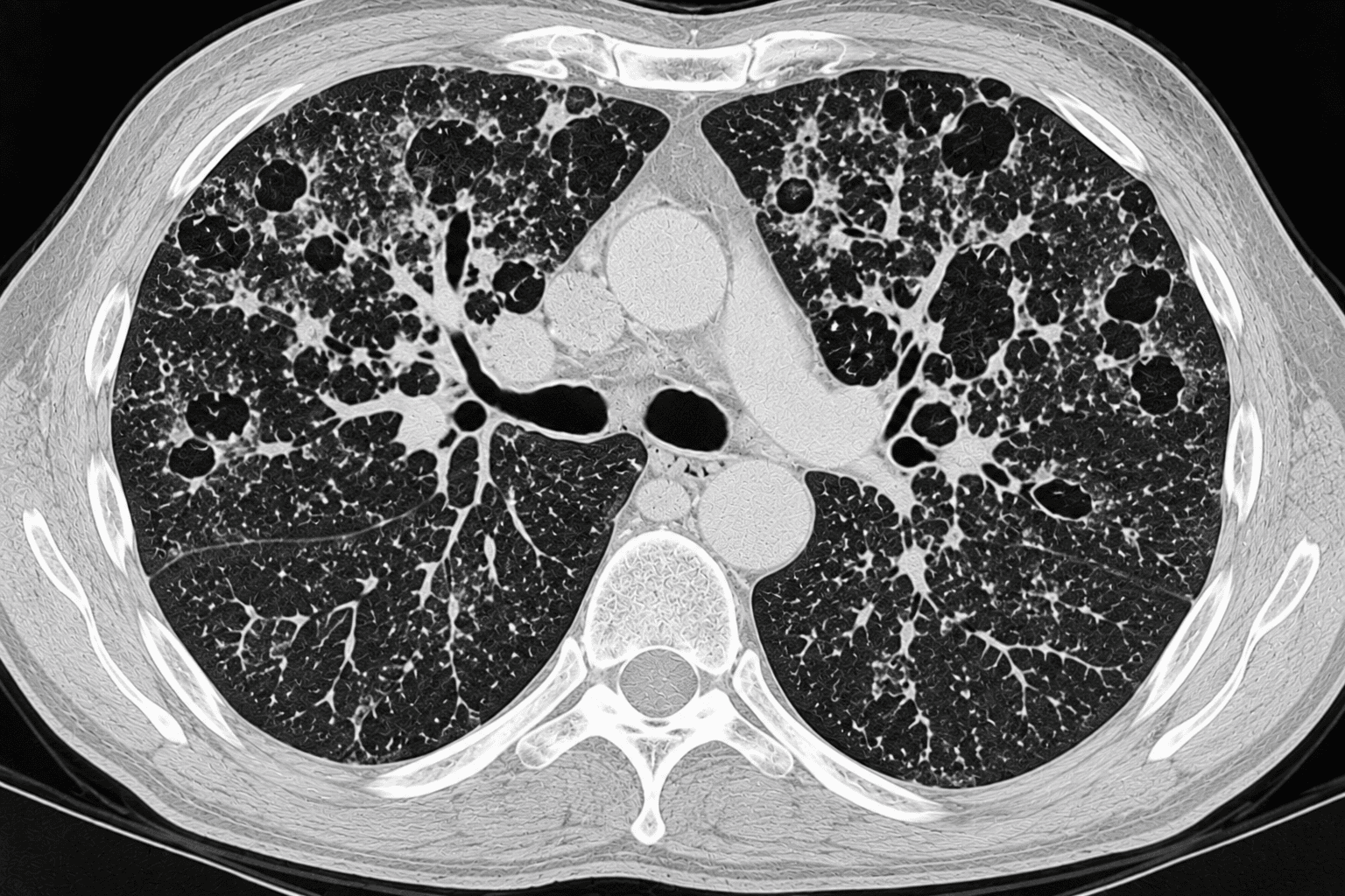HRCT bei pulmonaler Langerhans-Zell-Histiozytose mit Noduli und irregulären Zysten