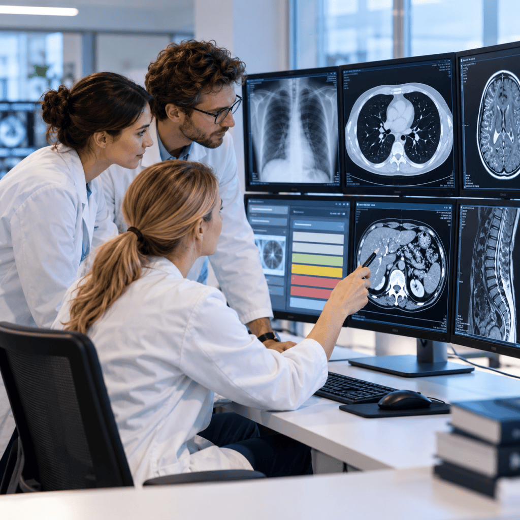 Radiolog:innen diskutieren Bildbefunde und radiologische Klassifikationen am Befundmonitor